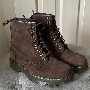 Dr. Martens Brown Suede Lace-Up Platform Boots with Yellow Stitching